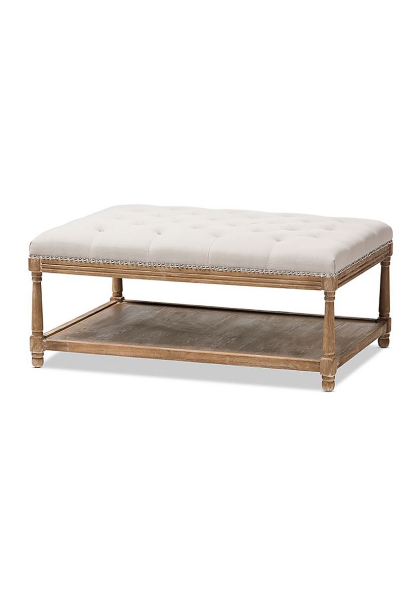Carlotta French Country Weathered Oak Beige Linen Rectangular Coffee Table Ottoman