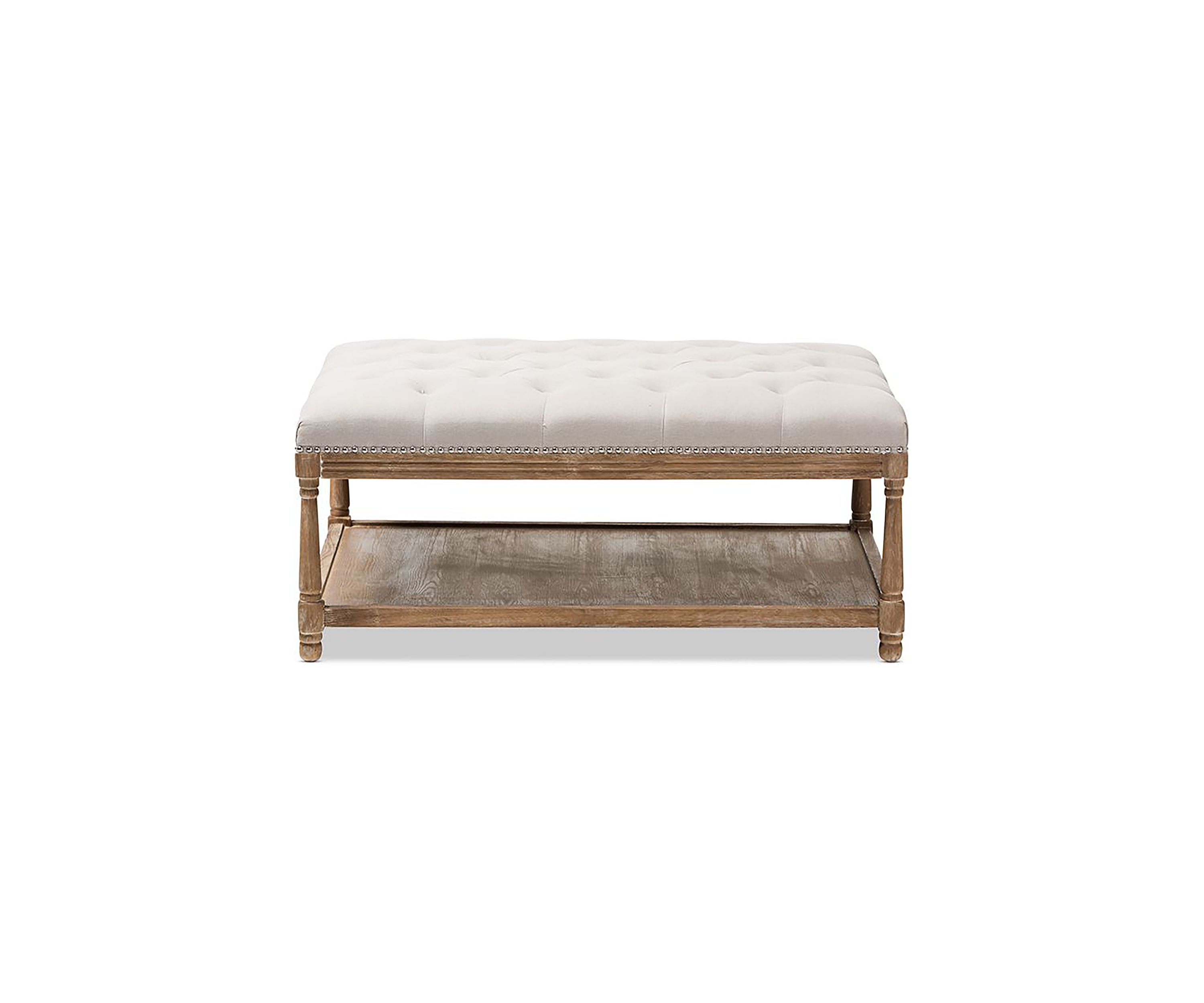 Carlotta French Country Weathered Oak Beige Linen Rectangular Coffee Table Ottoman