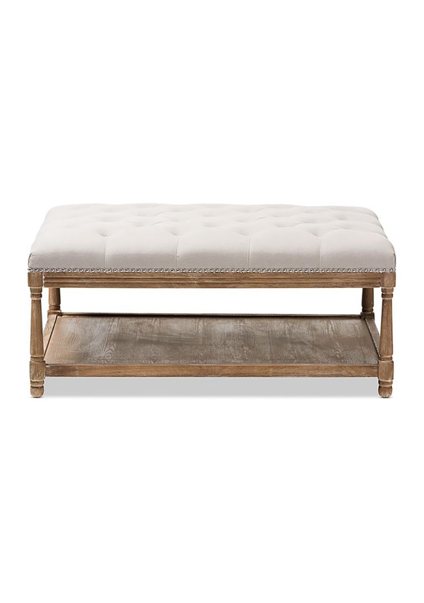 Carlotta French Country Weathered Oak Beige Linen Rectangular Coffee Table Ottoman
