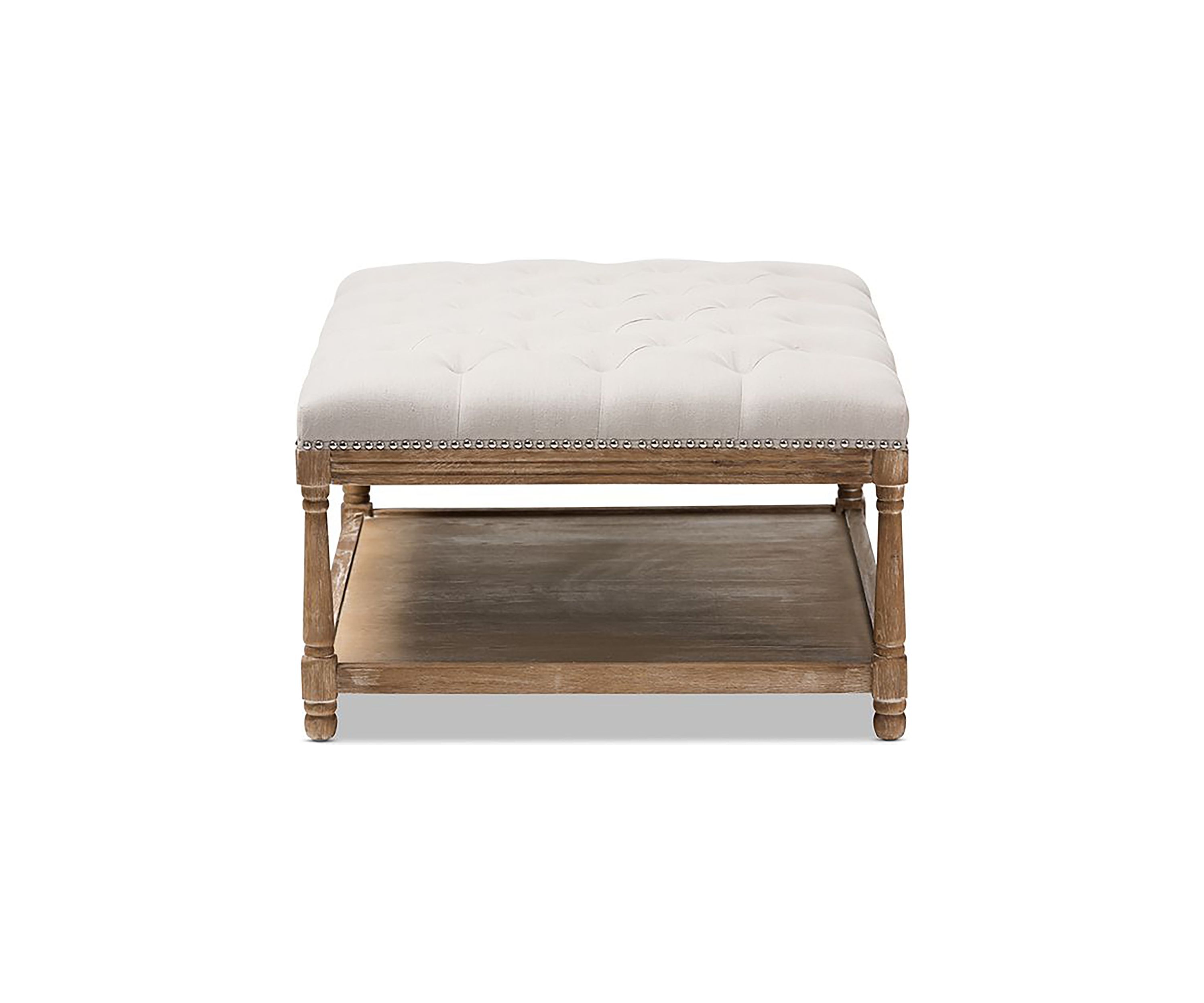 Carlotta French Country Weathered Oak Beige Linen Rectangular Coffee Table Ottoman