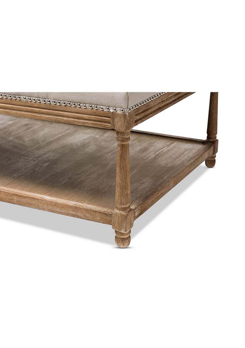 Carlotta French Country Weathered Oak Beige Linen Rectangular Coffee Table Ottoman