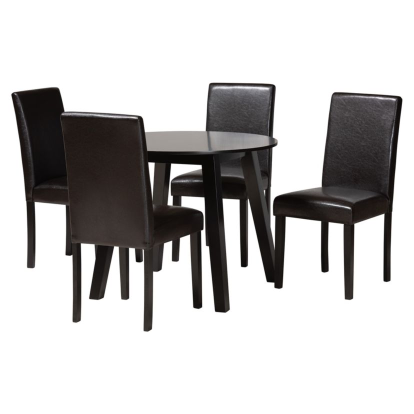 Emine Modern Dark Brown Faux Leather and Espresso Brown Finished Wood 5-Piece Dining Set