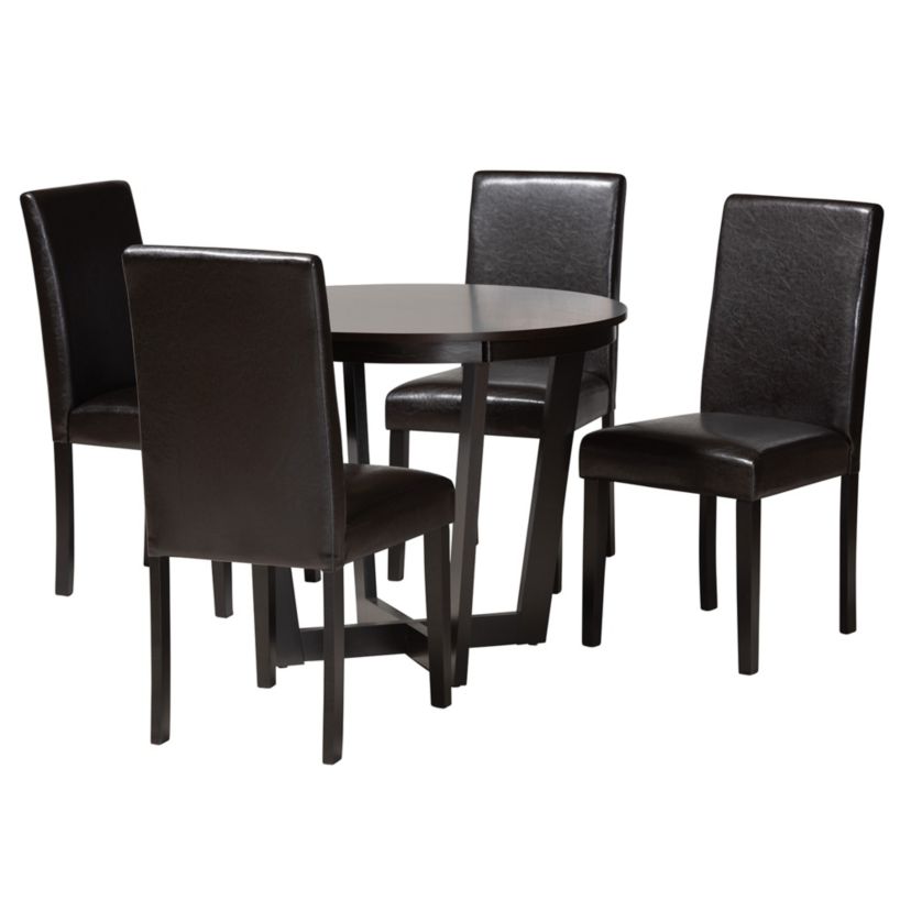 Bruna Modern Dark Brown Faux Leather and Espresso Brown Finished Wood 5-Piece Dining Set