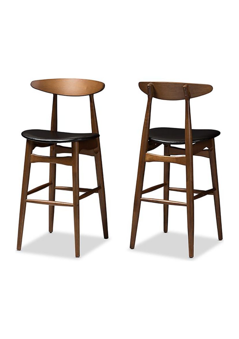 Flora Mid-Century Modern Black Faux Leather Upholstered Walnut Finished Bar Stool
