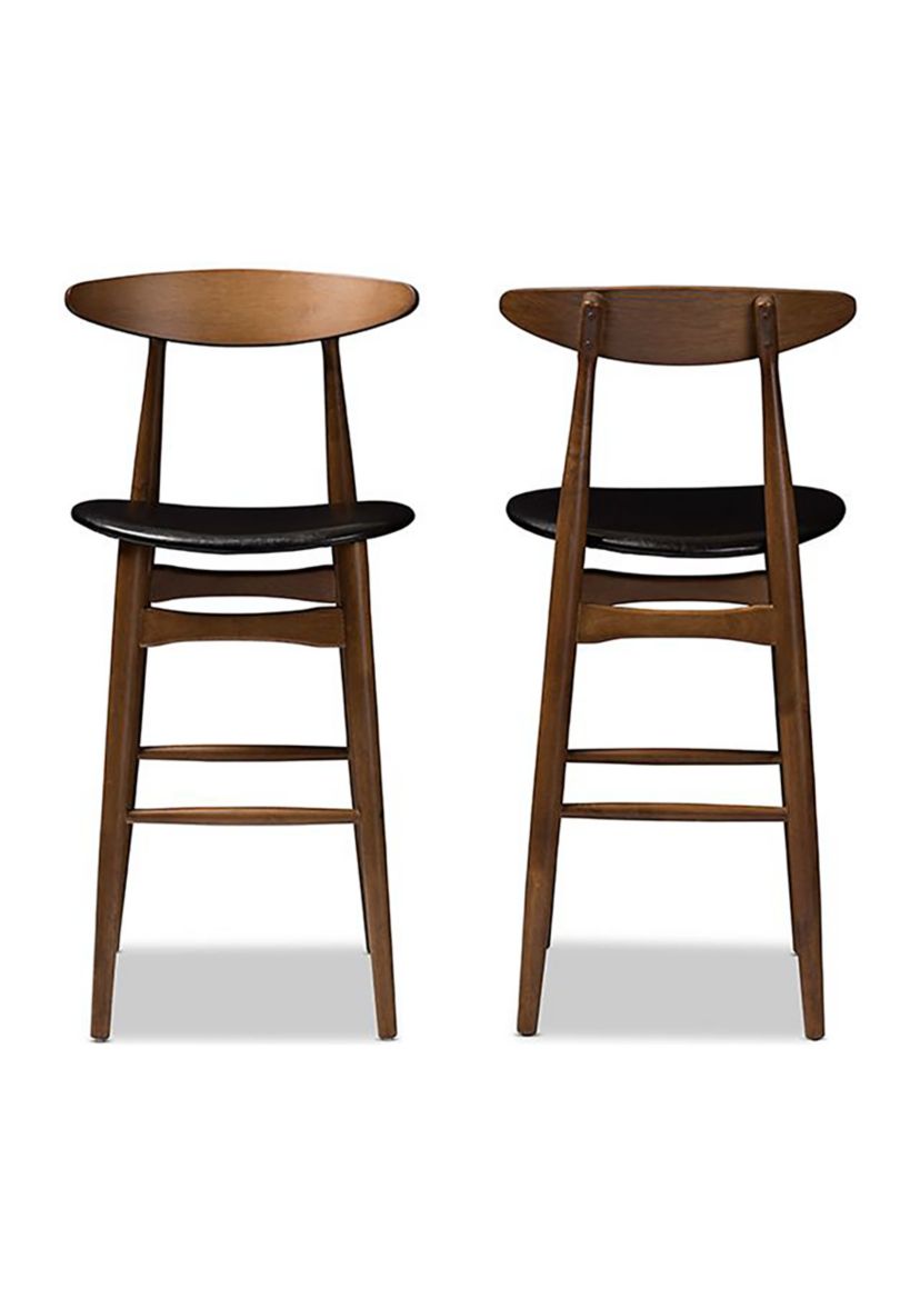 Flora Mid-Century Modern Black Faux Leather Upholstered Walnut Finished Bar Stool