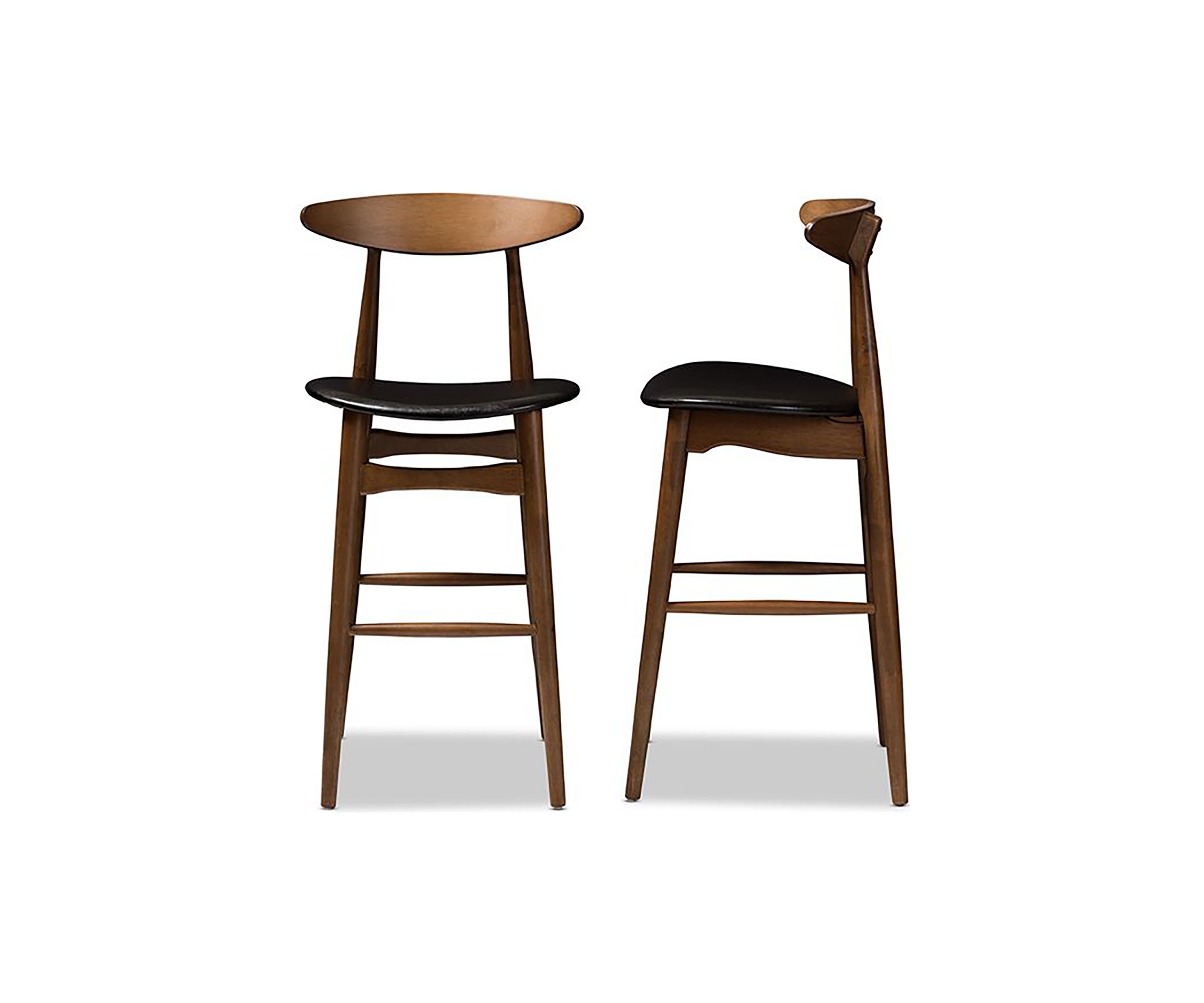 Flora Mid-Century Modern Black Faux Leather Upholstered Walnut Finished Bar Stool