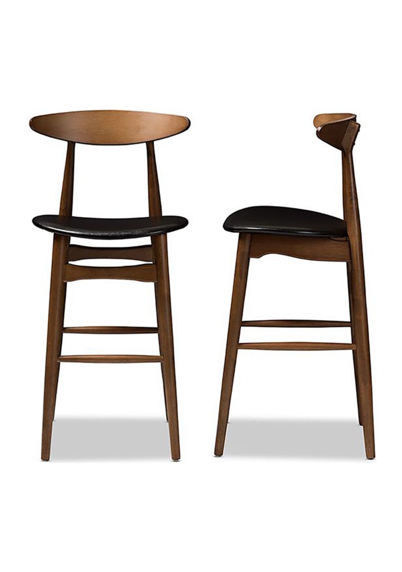 Flora Mid-Century Modern Black Faux Leather Upholstered Walnut Finished Bar Stool
