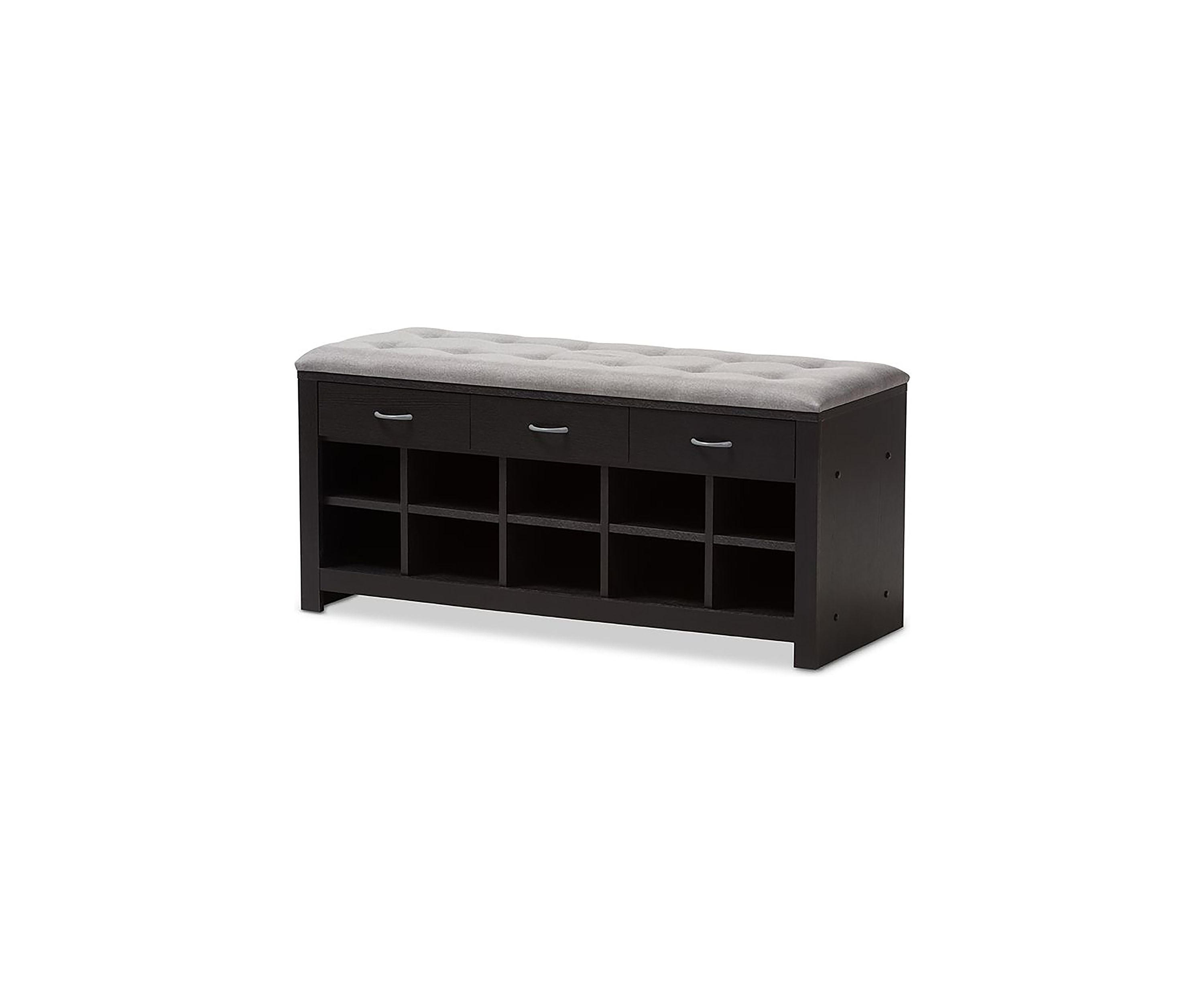 Modern and Contemporary Espresso Finished Grey Fabric Upholstered Cushioned Entryway Bench