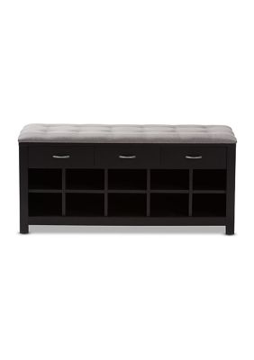 Modern and Contemporary Espresso Finished Grey Fabric Upholstered Cushioned Entryway Bench