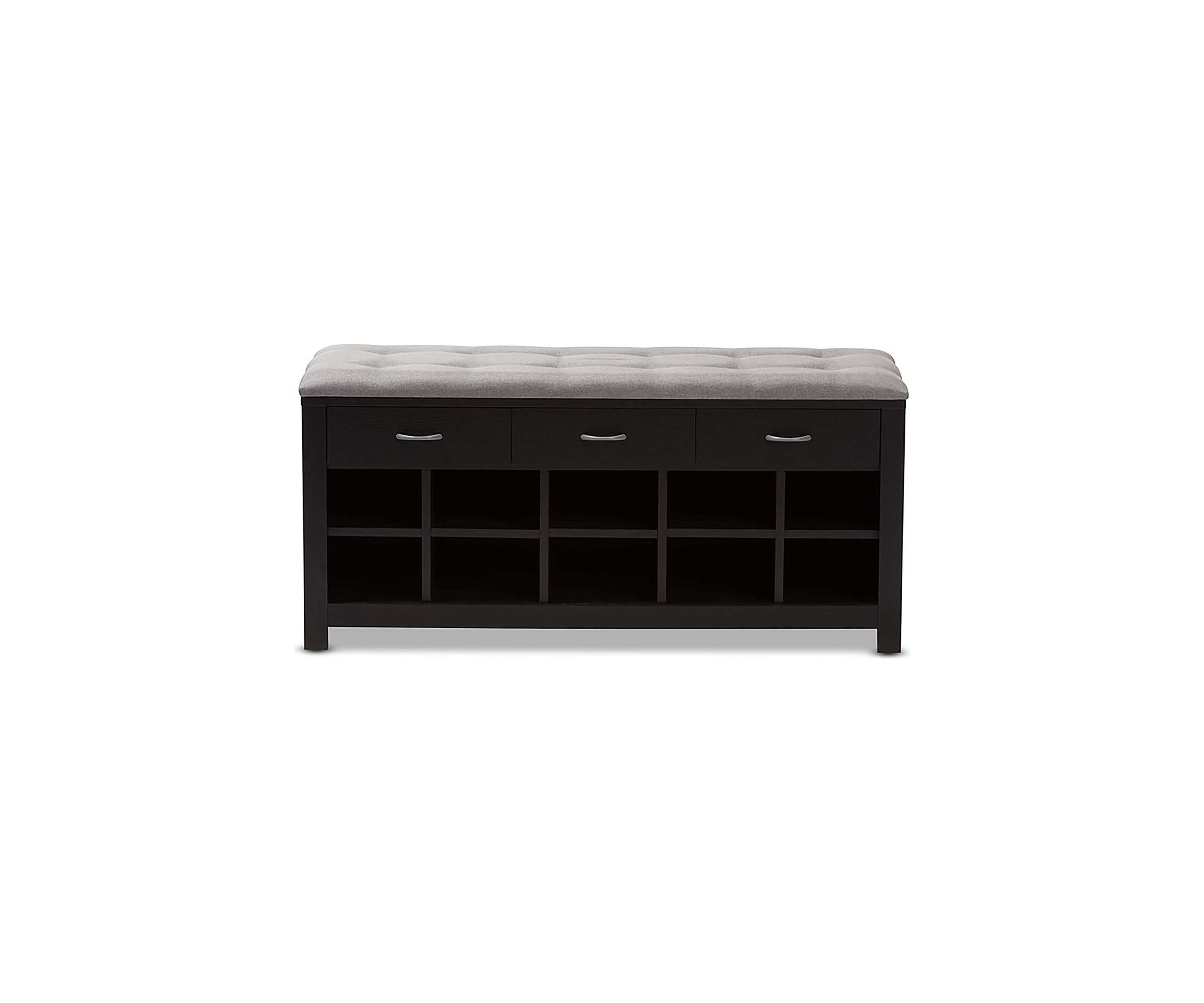 Modern and Contemporary Espresso Finished Grey Fabric Upholstered Cushioned Entryway Bench