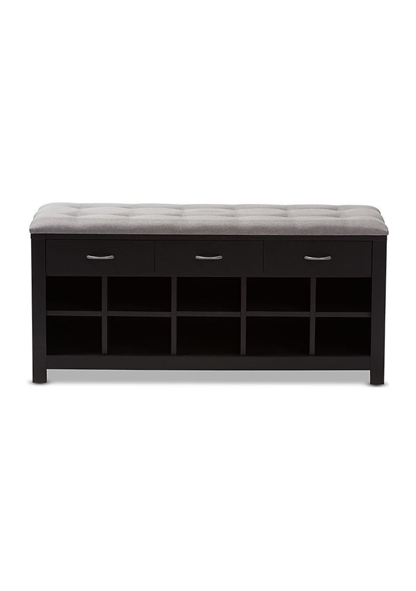 Modern and Contemporary Espresso Finished Grey Fabric Upholstered Cushioned Entryway Bench