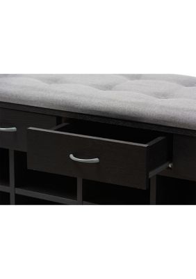 Modern and Contemporary Espresso Finished Grey Fabric Upholstered Cushioned Entryway Bench