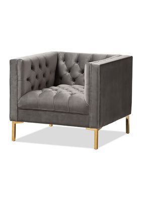 Zanetta Luxe and Glamour Grey Velvet Upholstered Gold Finished Lounge Chair