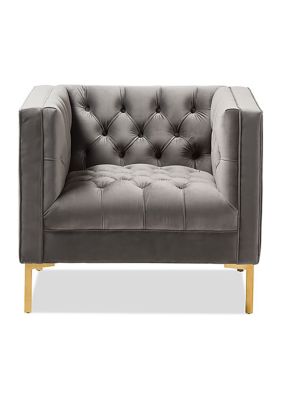 Zanetta Luxe and Glamour Grey Velvet Upholstered Gold Finished Lounge Chair