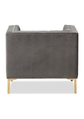 Zanetta Luxe and Glamour Grey Velvet Upholstered Gold Finished Lounge Chair