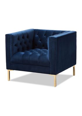 Zanetta Luxe and Glamour Navy Velvet Upholstered Gold Finished Lounge Chair