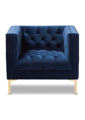 Zanetta Luxe and Glamour Navy Velvet Upholstered Gold Finished Lounge Chair