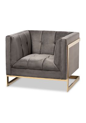 Ambra Glam and Luxe Grey Velvet Fabric Upholstered and Button Tufted Armchair with Gold-Tone Frame