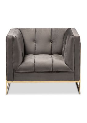 Ambra Glam and Luxe Grey Velvet Fabric Upholstered and Button Tufted Armchair with Gold-Tone Frame