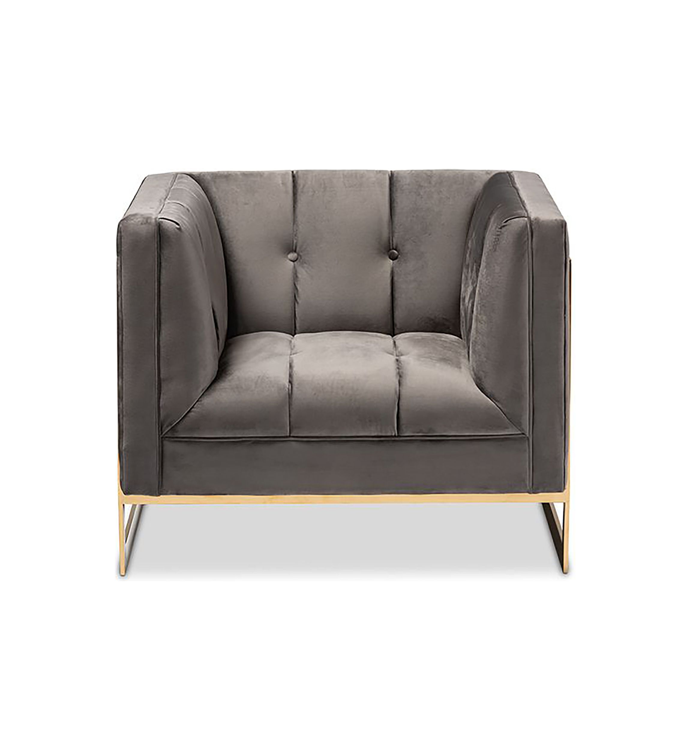 Ambra Glam and Luxe Grey Velvet Fabric Upholstered and Button Tufted Armchair with Gold-Tone Frame