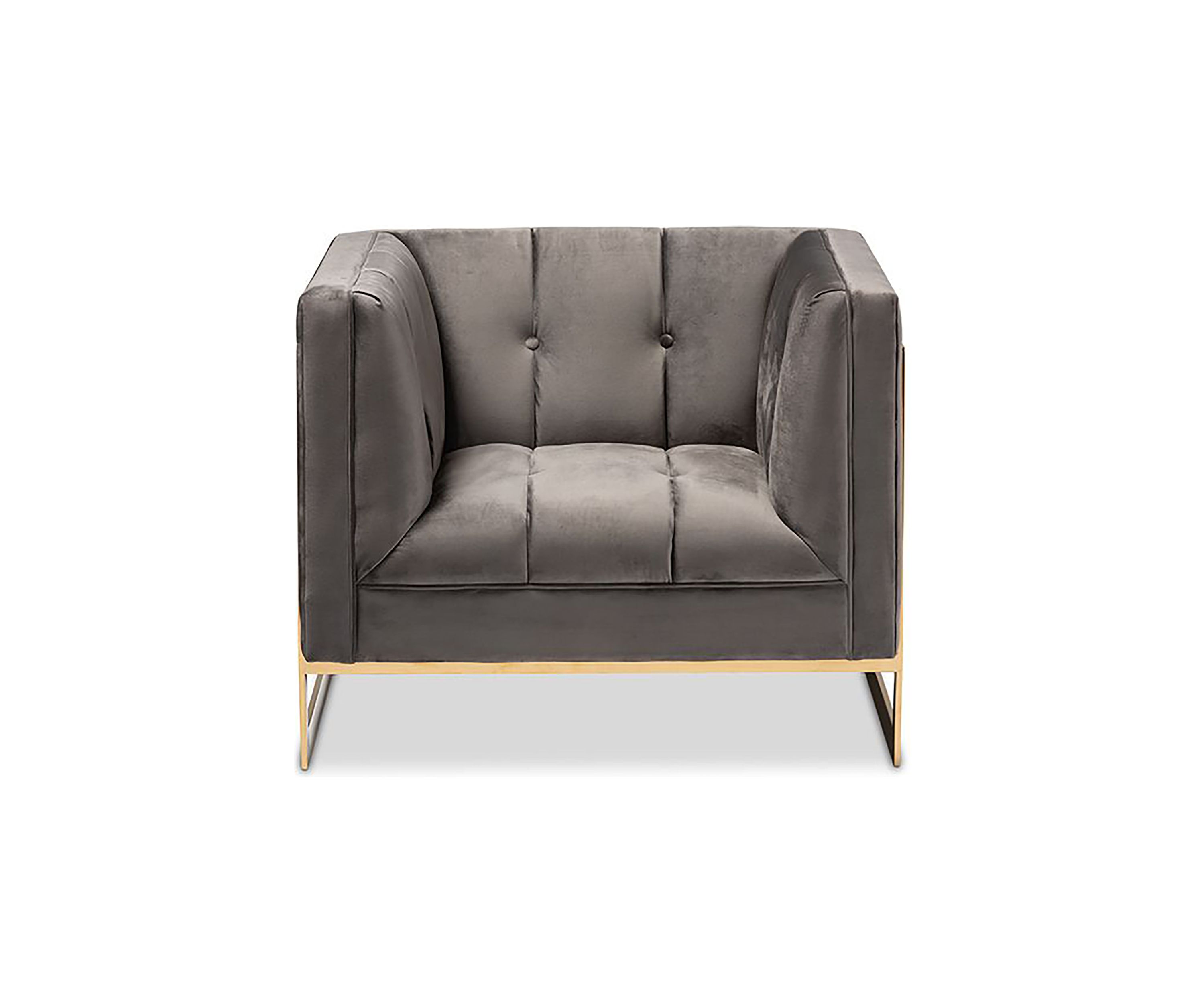 Ambra Glam and Luxe Grey Velvet Fabric Upholstered and Button Tufted Armchair with Gold-Tone Frame