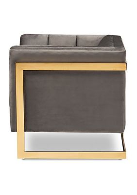 Ambra Glam and Luxe Grey Velvet Fabric Upholstered and Button Tufted Armchair with Gold-Tone Frame