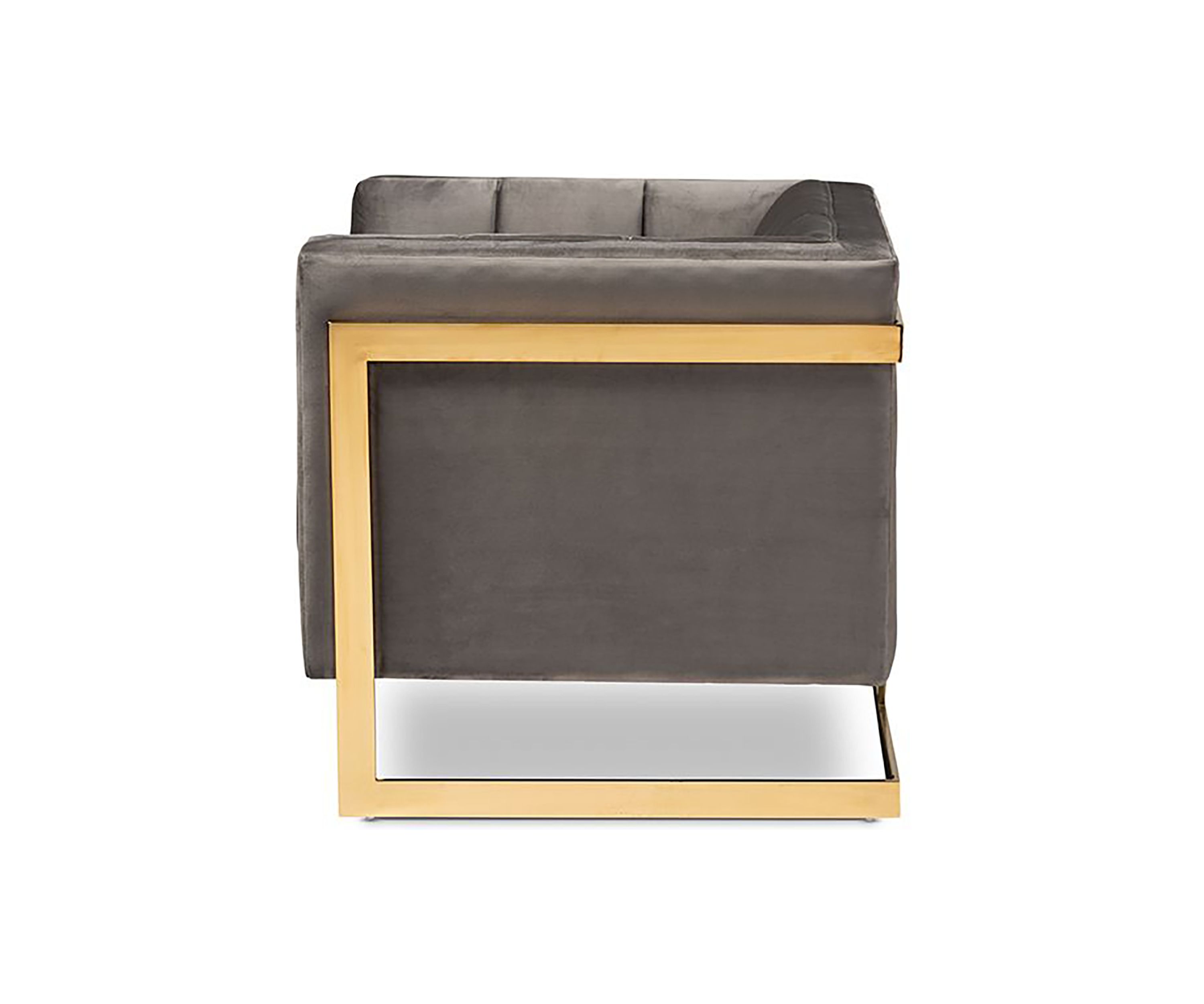 Ambra Glam and Luxe Grey Velvet Fabric Upholstered and Button Tufted Armchair with Gold-Tone Frame