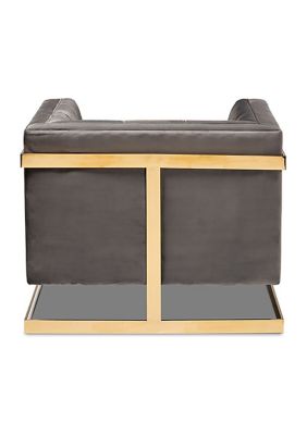 Ambra Glam and Luxe Grey Velvet Fabric Upholstered and Button Tufted Armchair with Gold-Tone Frame