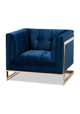 Ambra Glam and Luxe Royal Blue Velvet Fabric Upholstered and Button Tufted Armchair with Gold-Tone Frame