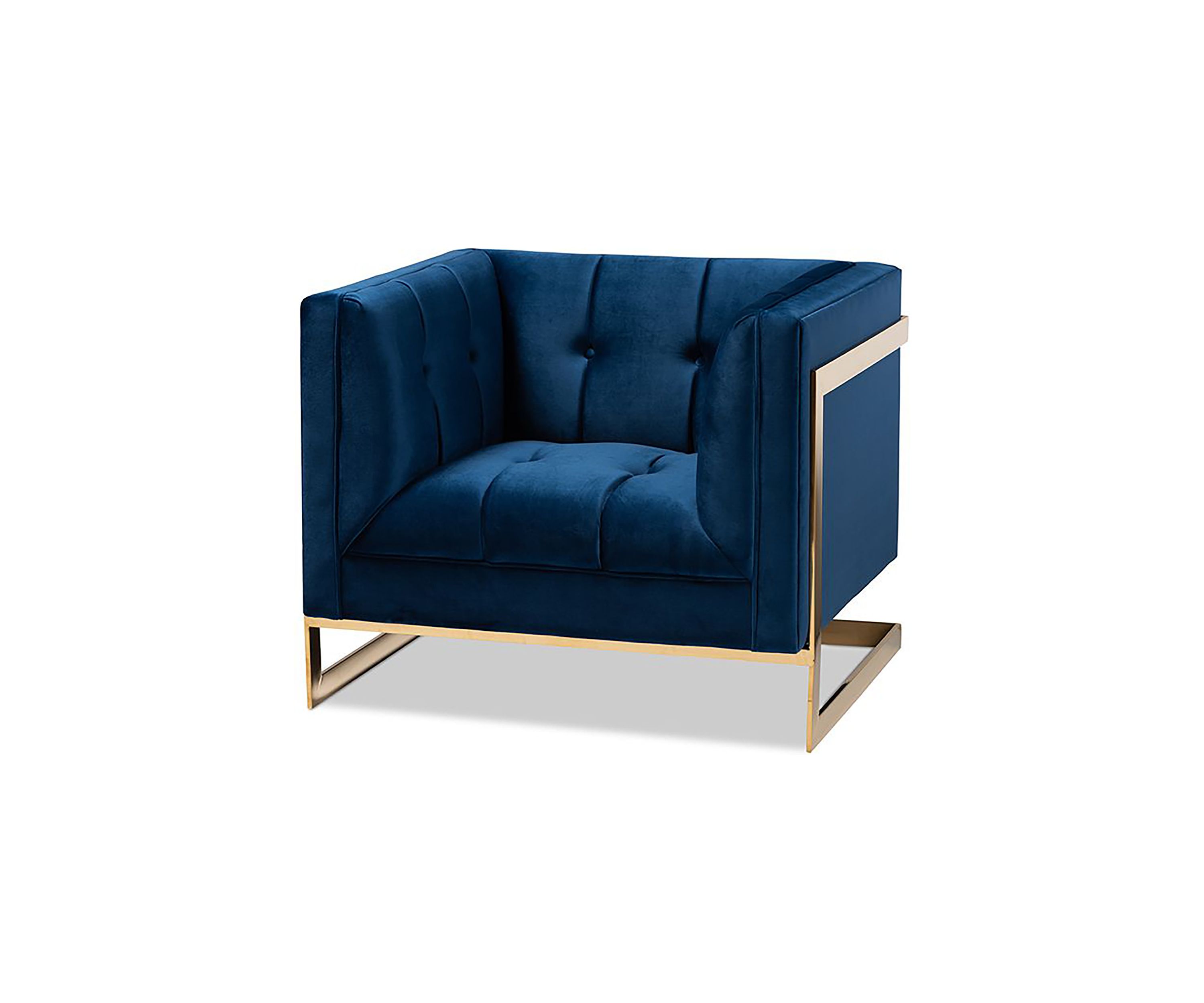 Ambra Glam and Luxe Royal Blue Velvet Fabric Upholstered and Button Tufted Armchair with Gold-Tone Frame
