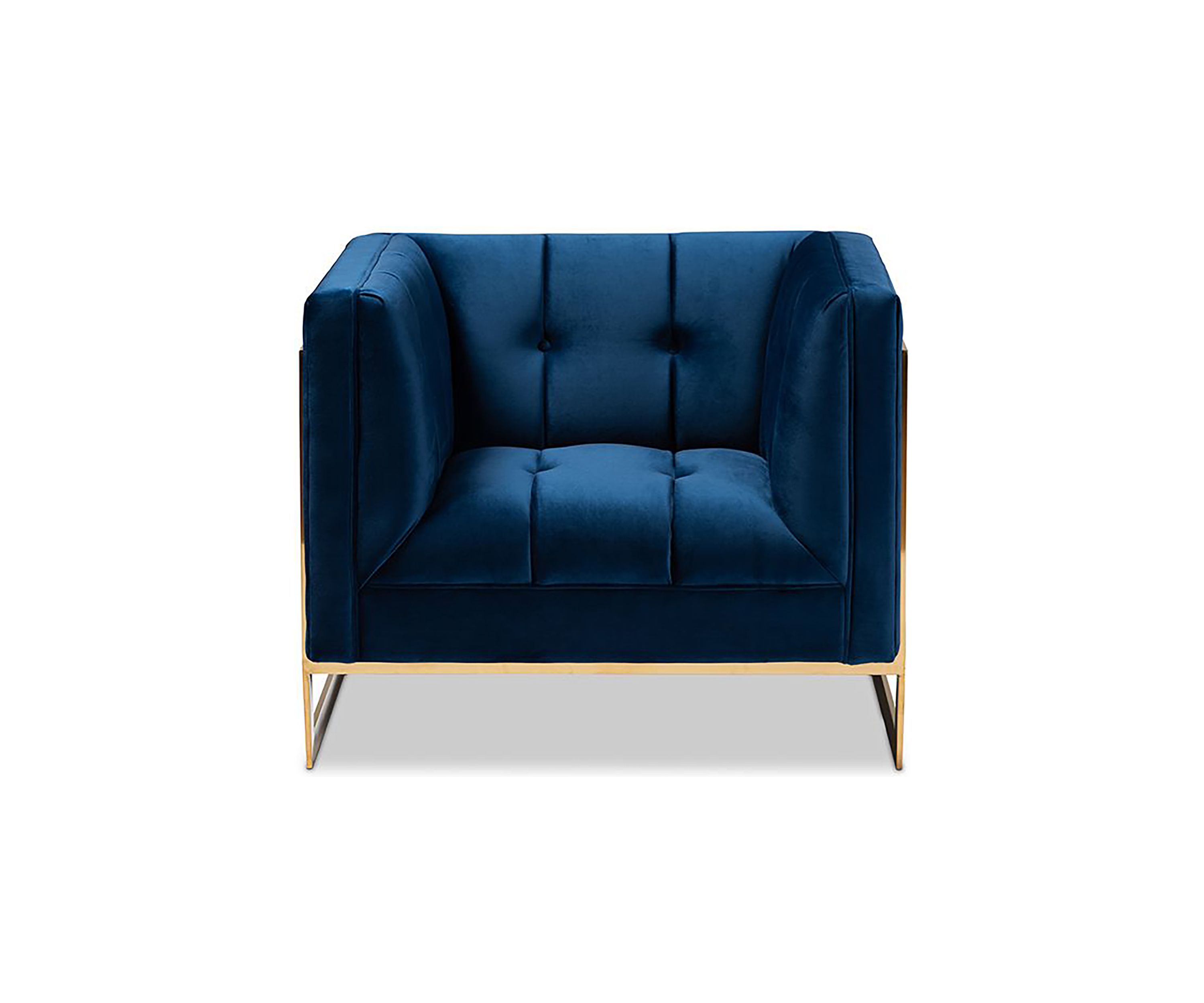 Ambra Glam and Luxe Royal Blue Velvet Fabric Upholstered and Button Tufted Armchair with Gold-Tone Frame