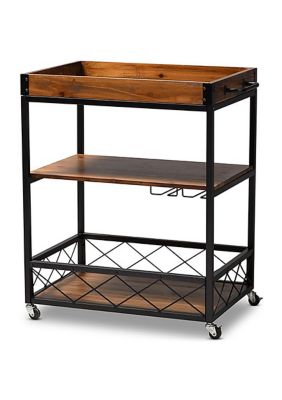 Capri Vintage Rustic Industrial Oak Brown and Black Finished Mobile Metal Bar Cart with Stemware Rack