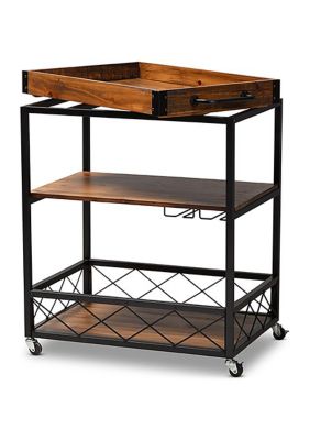 Capri Vintage Rustic Industrial Oak Brown and Black Finished Mobile Metal Bar Cart with Stemware Rack