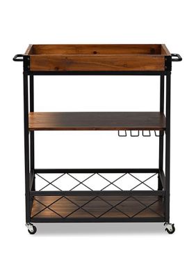 Capri Vintage Rustic Industrial Oak Brown and Black Finished Mobile Metal Bar Cart with Stemware Rack