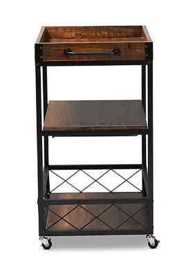 Capri Vintage Rustic Industrial Oak Brown and Black Finished Mobile Metal Bar Cart with Stemware Rack