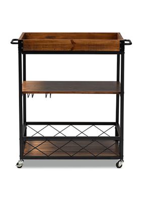 Capri Vintage Rustic Industrial Oak Brown and Black Finished Mobile Metal Bar Cart with Stemware Rack