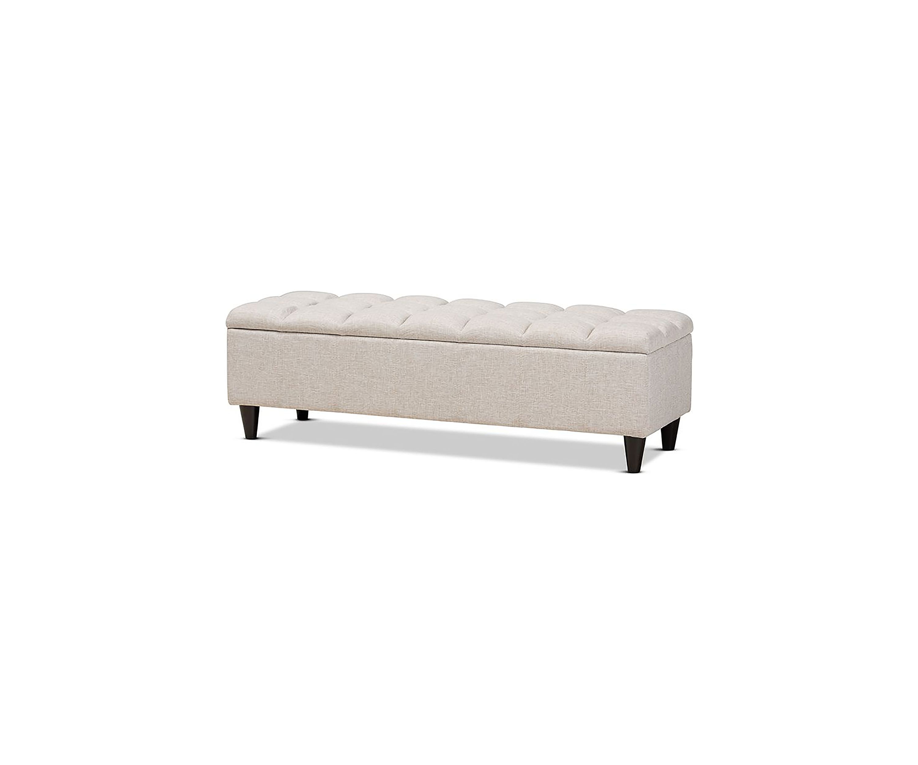 Brette Mid-Century Modern Beige Fabric Upholstered Dark Brown Finished Wood Storage Bench Ottoman