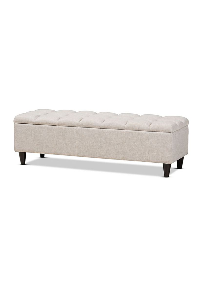 Brette Mid-Century Modern Beige Fabric Upholstered Dark Brown Finished Wood Storage Bench Ottoman