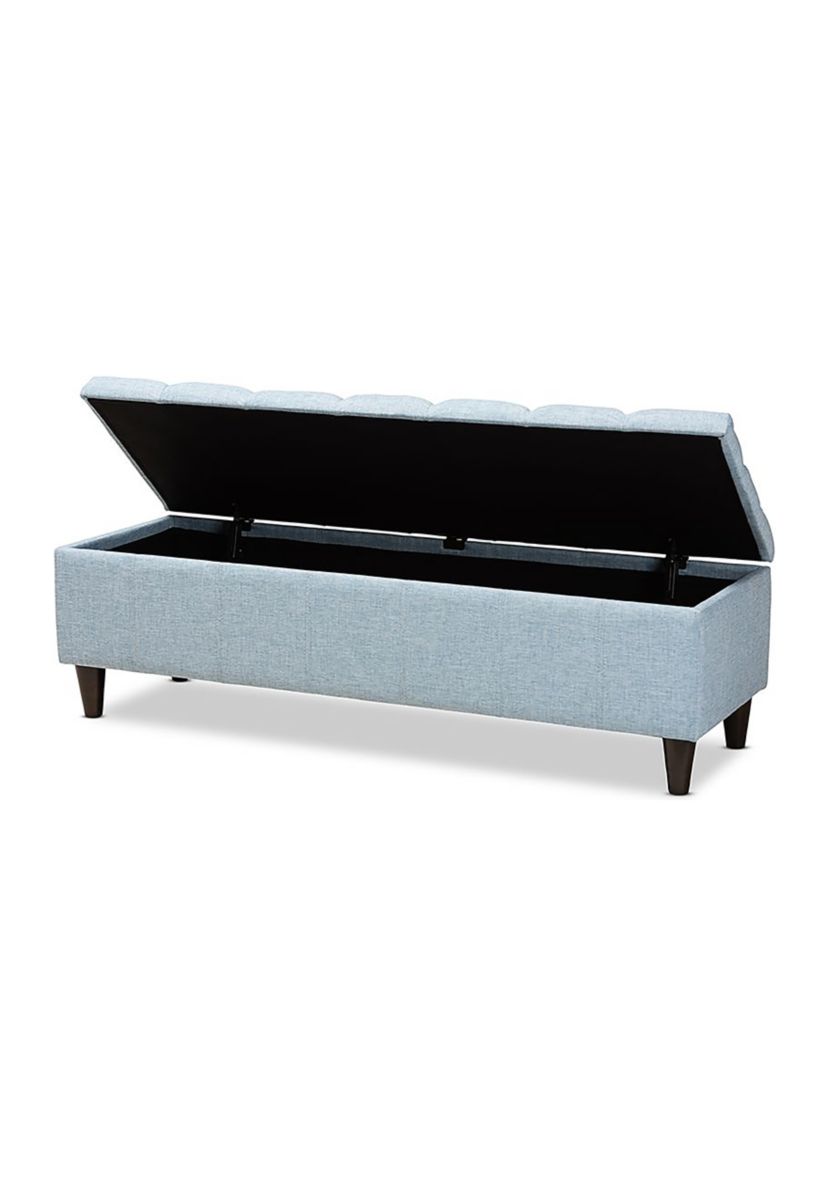 Brette Mid-Century Modern Light Blue Fabric Upholstered Dark Brown Finished Wood Storage Bench Ottoman