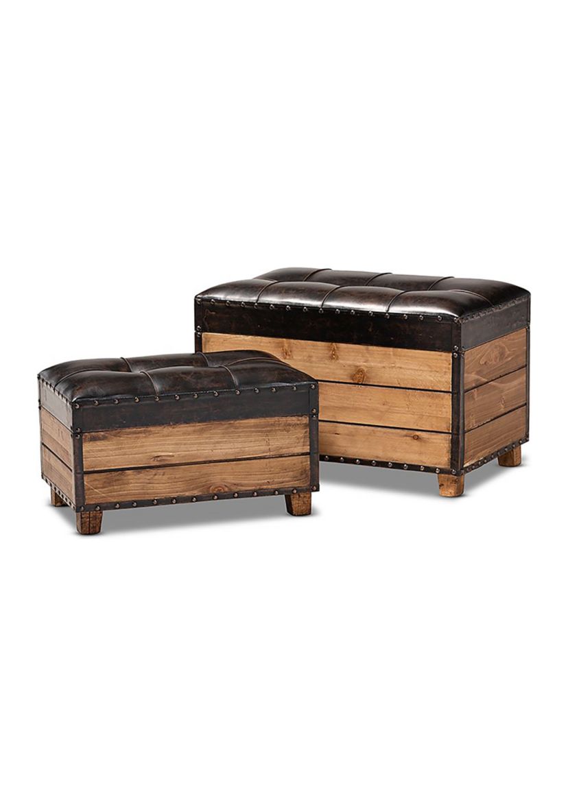 Marelli Rustic Dark Brown Faux Leather Upholstered 2-Piece Wood Storage Trunk Ottoman Set