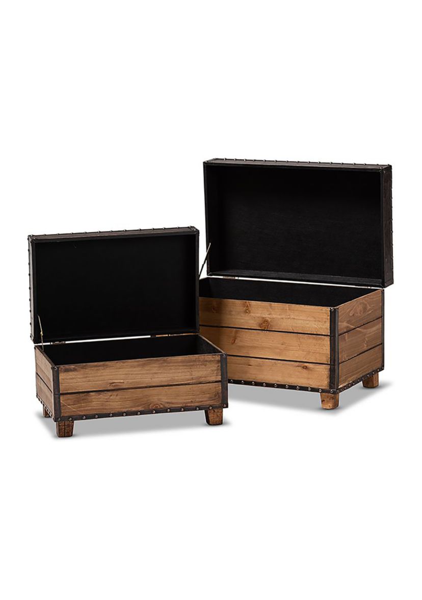 Marelli Rustic Dark Brown Faux Leather Upholstered 2-Piece Wood Storage Trunk Ottoman Set