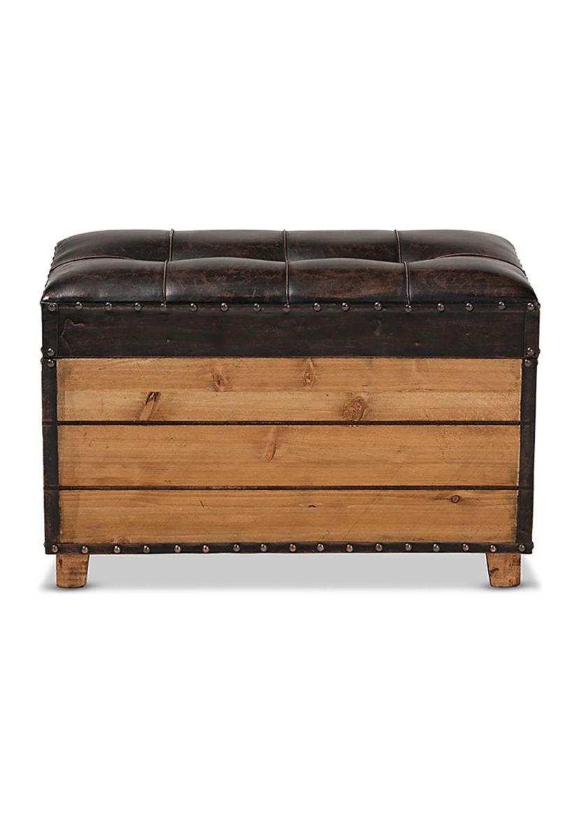Marelli Rustic Dark Brown Faux Leather Upholstered 2-Piece Wood Storage Trunk Ottoman Set
