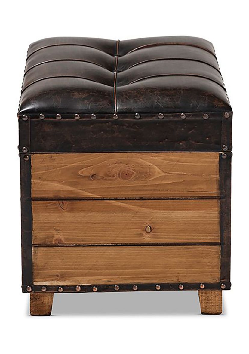 Marelli Rustic Dark Brown Faux Leather Upholstered 2-Piece Wood Storage Trunk Ottoman Set