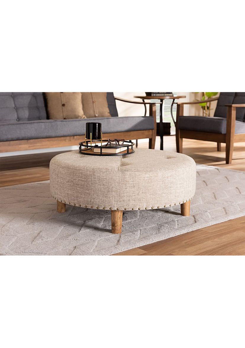 Vinet Modern and Contemporary Beige Fabric Upholstered Natural Wood Cocktail Ottoman