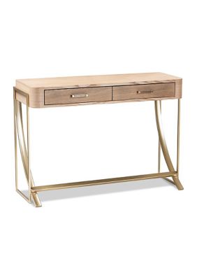 Lafoy Modern and Contemporary Natural Brown Finished Wood and Gold Finished 2-Drawer Console Table