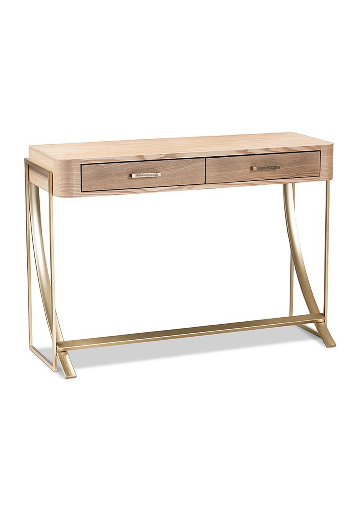 Lafoy Modern and Contemporary Natural Brown Finished Wood and Gold Finished 2-Drawer Console Table