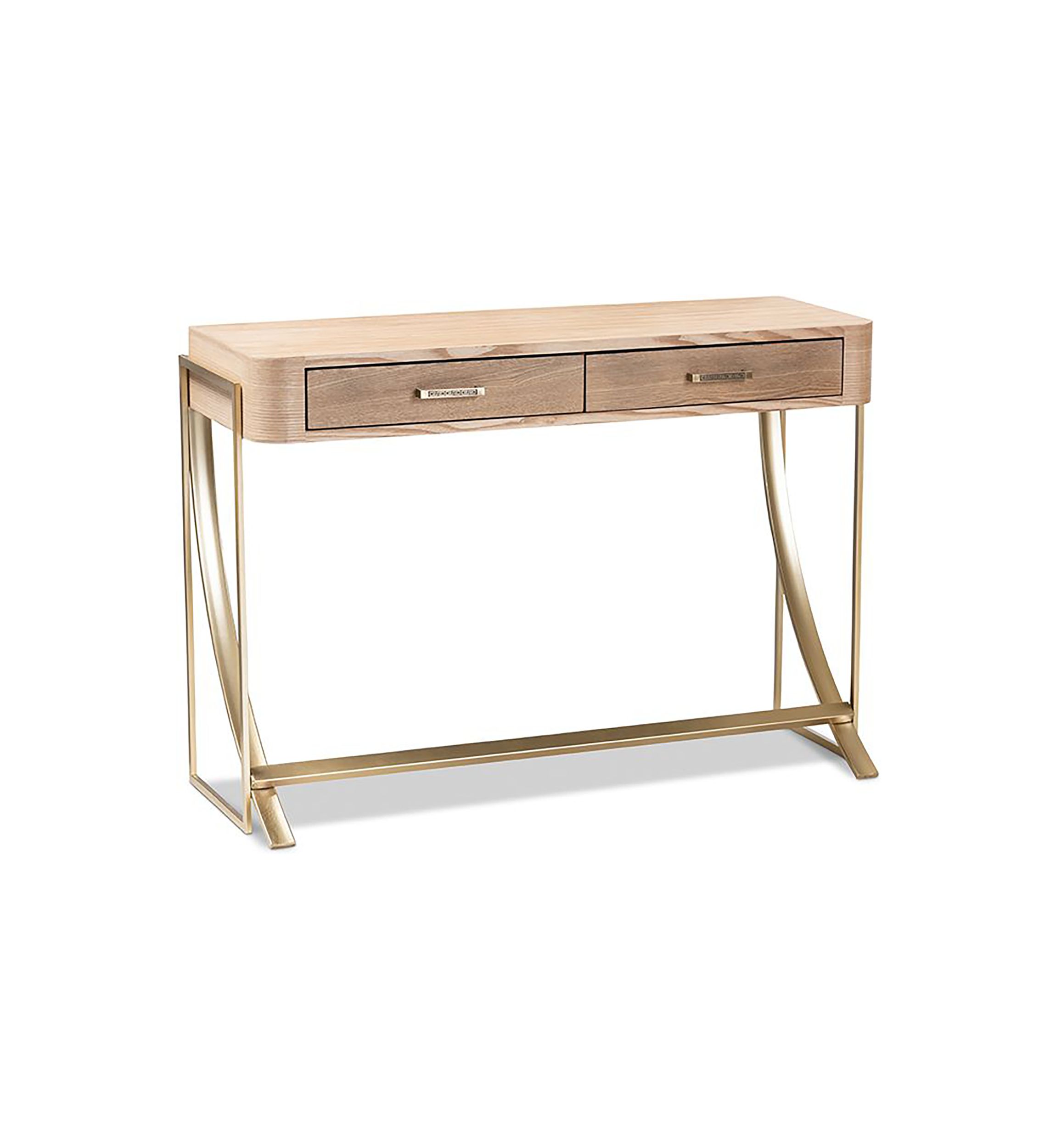 Lafoy Modern and Contemporary Natural Brown Finished Wood and Gold Finished 2-Drawer Console Table