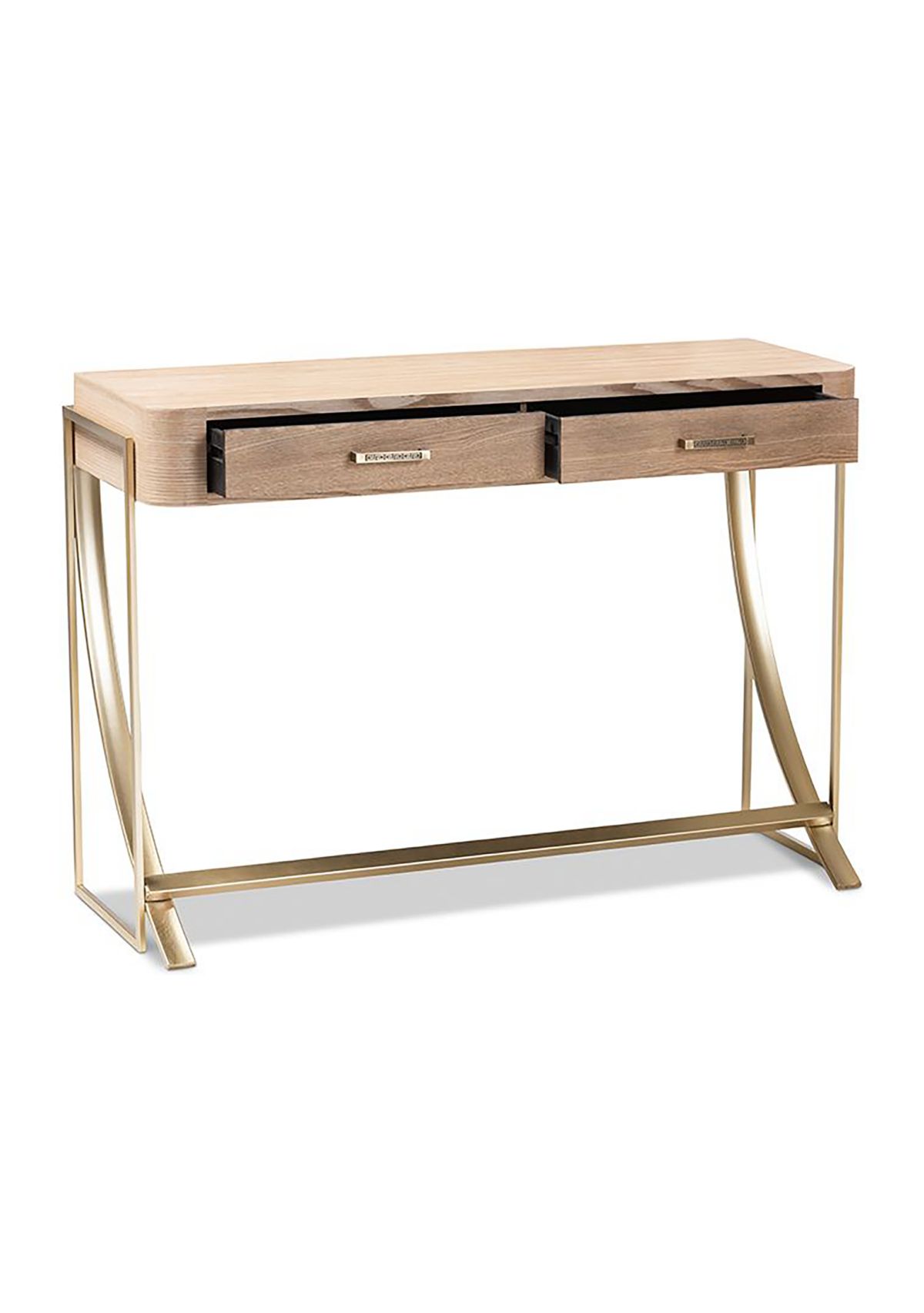 Lafoy Modern and Contemporary Natural Brown Finished Wood and Gold Finished 2-Drawer Console Table