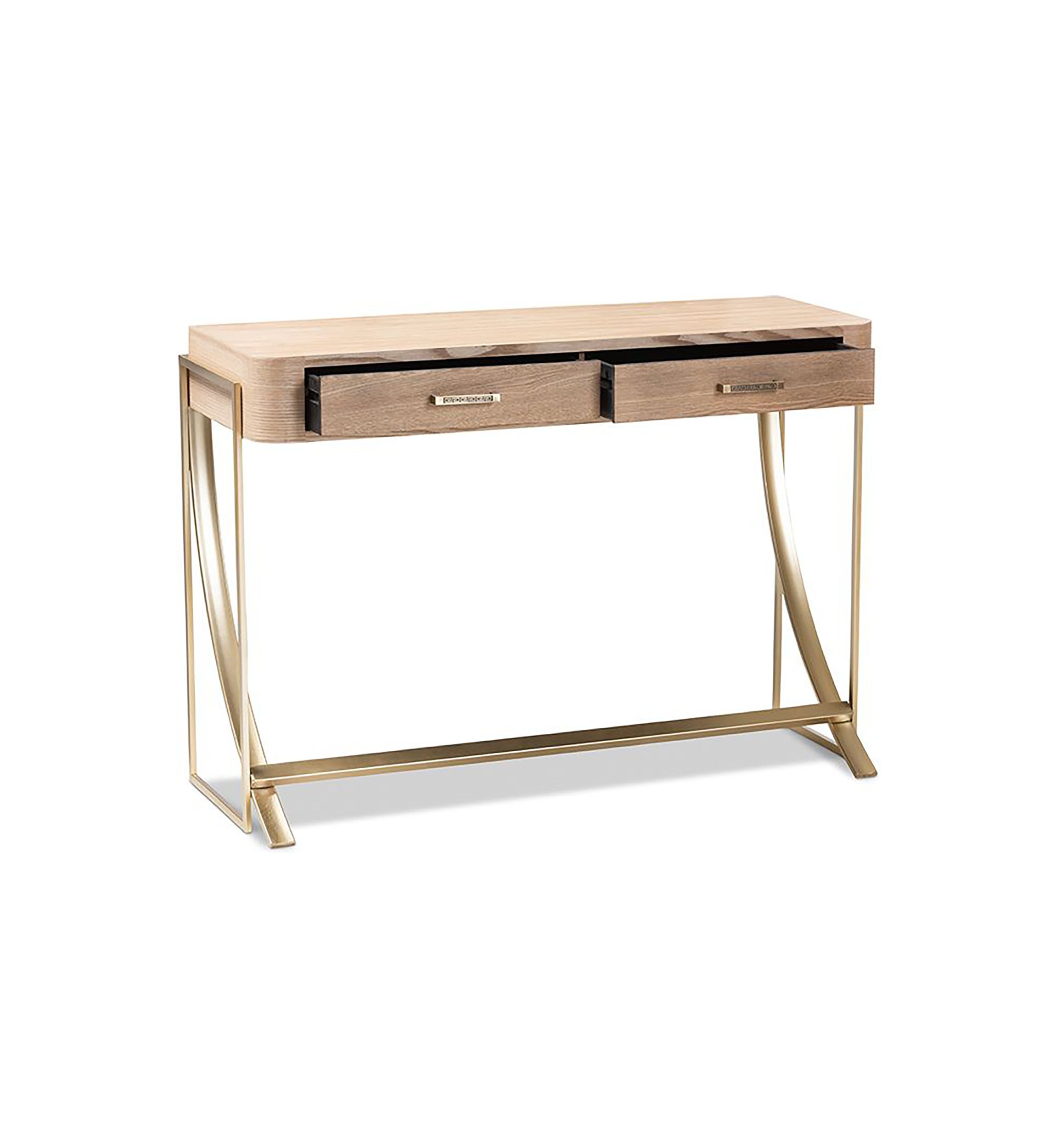 Lafoy Modern and Contemporary Natural Brown Finished Wood and Gold Finished 2-Drawer Console Table