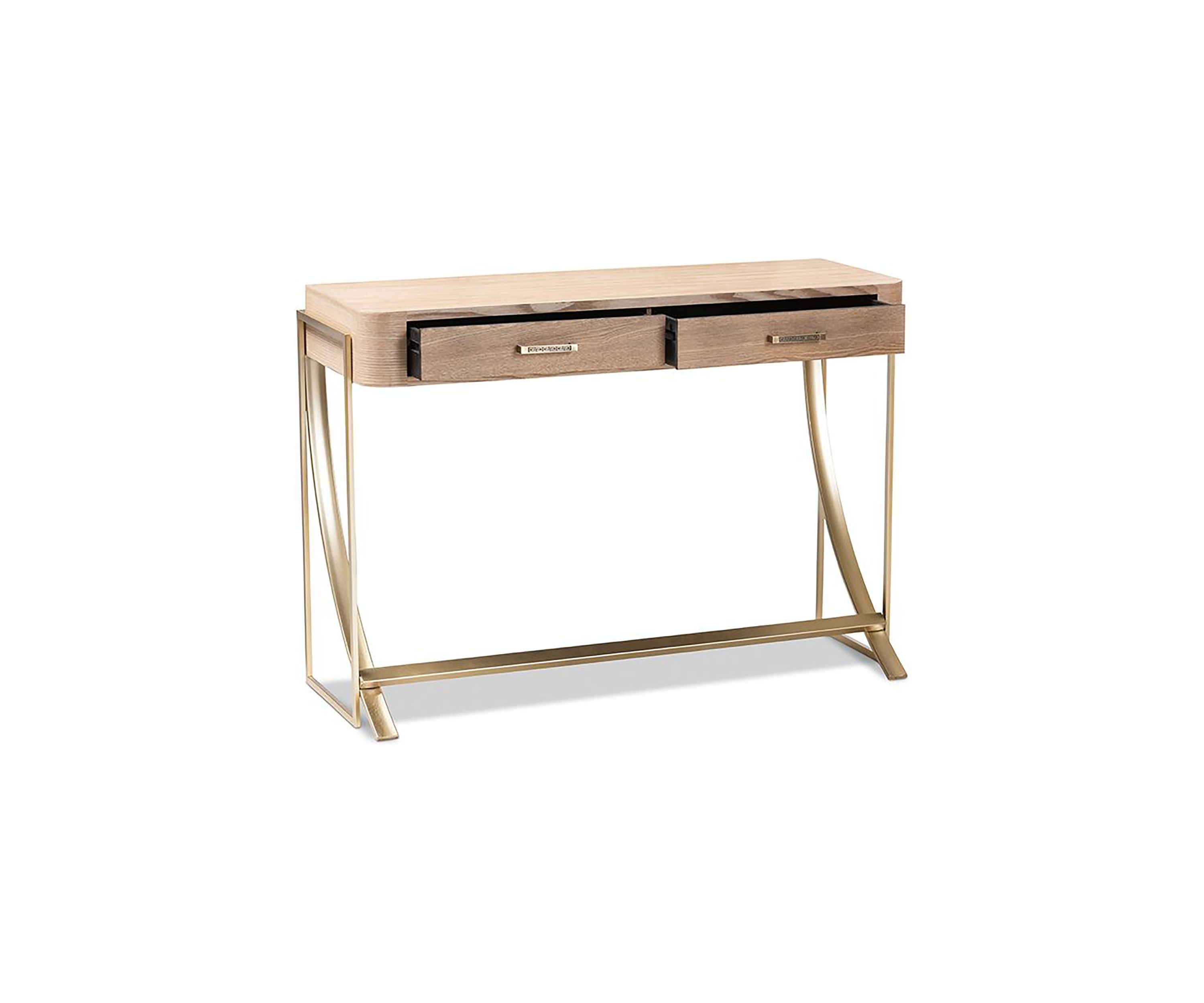 Lafoy Modern and Contemporary Natural Brown Finished Wood and Gold Finished 2-Drawer Console Table
